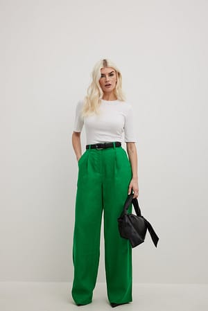 Dark Green Szerokie lniane spodnie