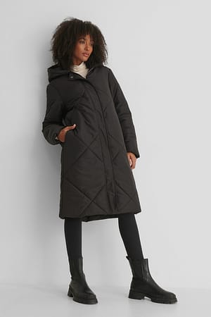Black Long Padded Big Quilted Jacket