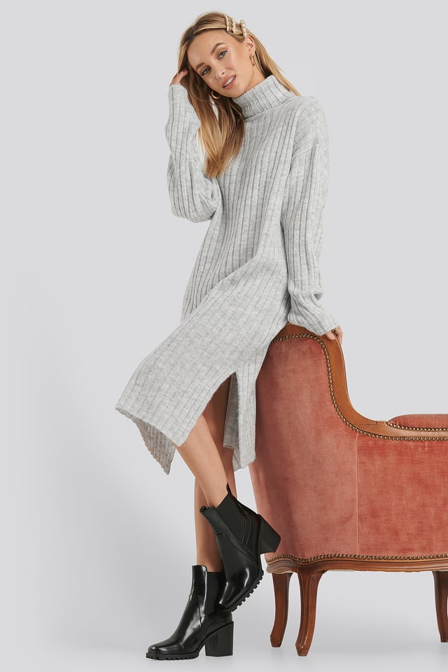 Long Rib Knitted Polo Dress Grey Melange