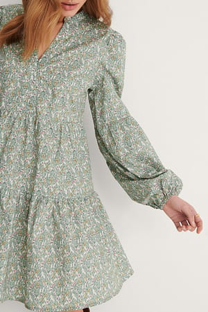 Green Flower Long Sleeve A-line Mini Dress