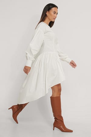 White Long Sleeve Asymmetric Skirt Dress