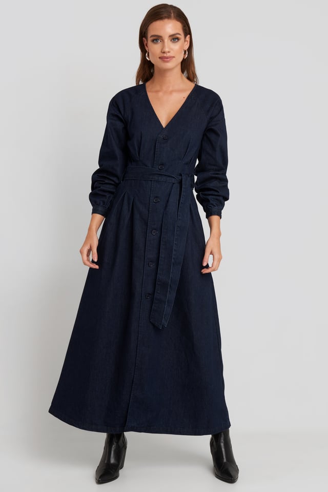Long Sleeve Denim Dress Dark Blue