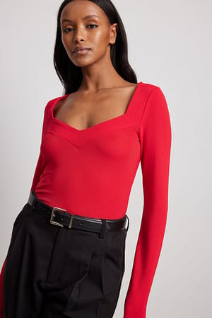 Red Long Sleeve Neckline Detail Top