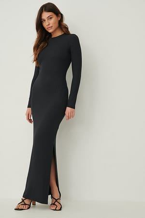 Black Recycled Long Sleeve Ribbed Maxi Dress