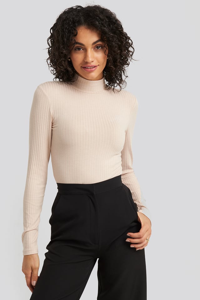 Long Sleeve Ribbed Polo Top Beige