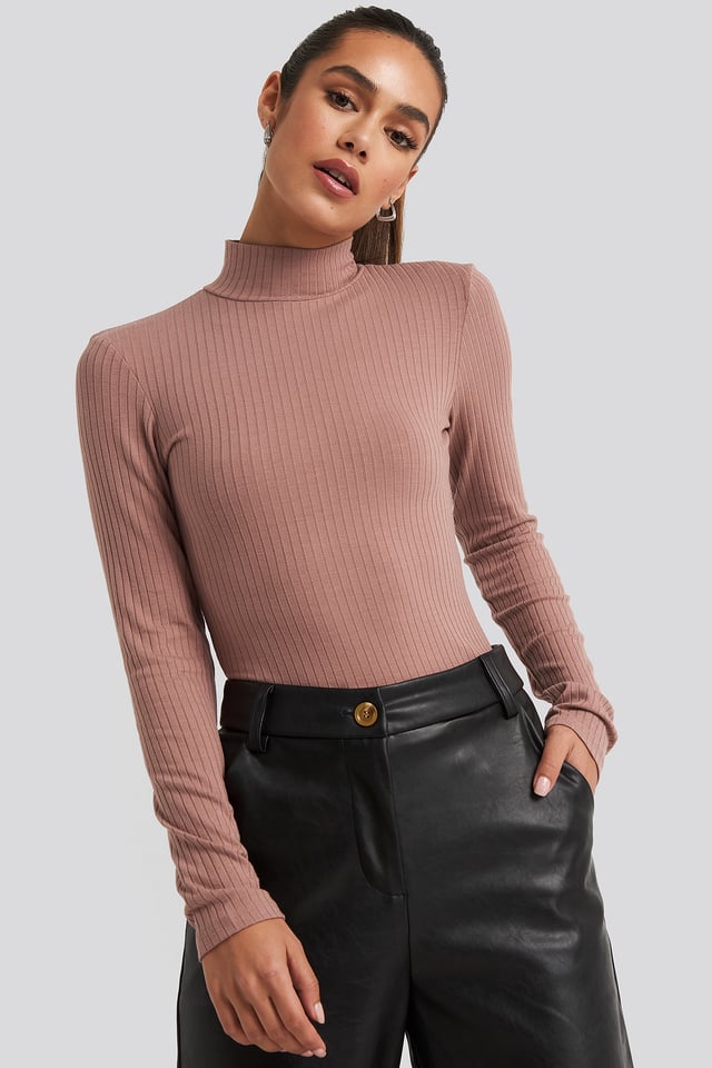 Long Sleeve Ribbed Polo Top Dusty Dark Pink