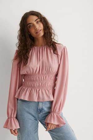 Ruffle Sleeve Tie Back Polka Dot Blouse in Dirty Pink