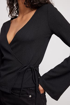 Black Long Sleeve Structured Wrap Top