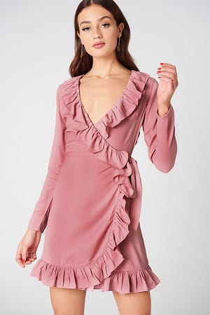 Pink Rose NA-KD Boho Long Sleeve Wrap Frill Dress