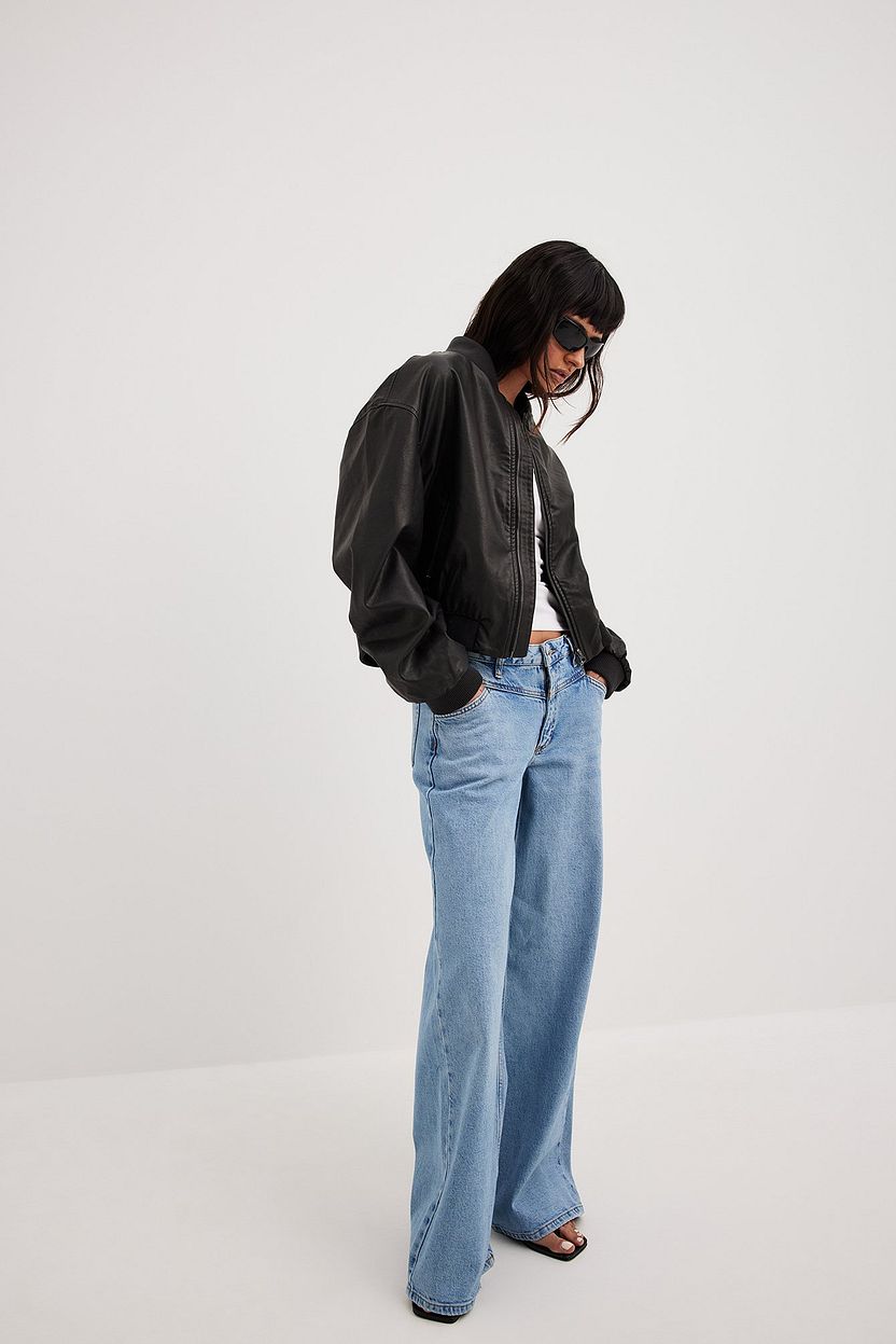 Low Waist Wide Leg Jeans with Seam Details Blue | NA-KD