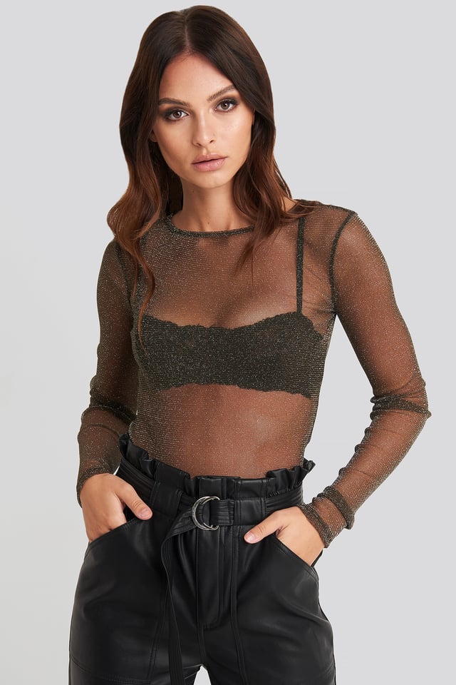 Ls Glitter Mesh Top Green