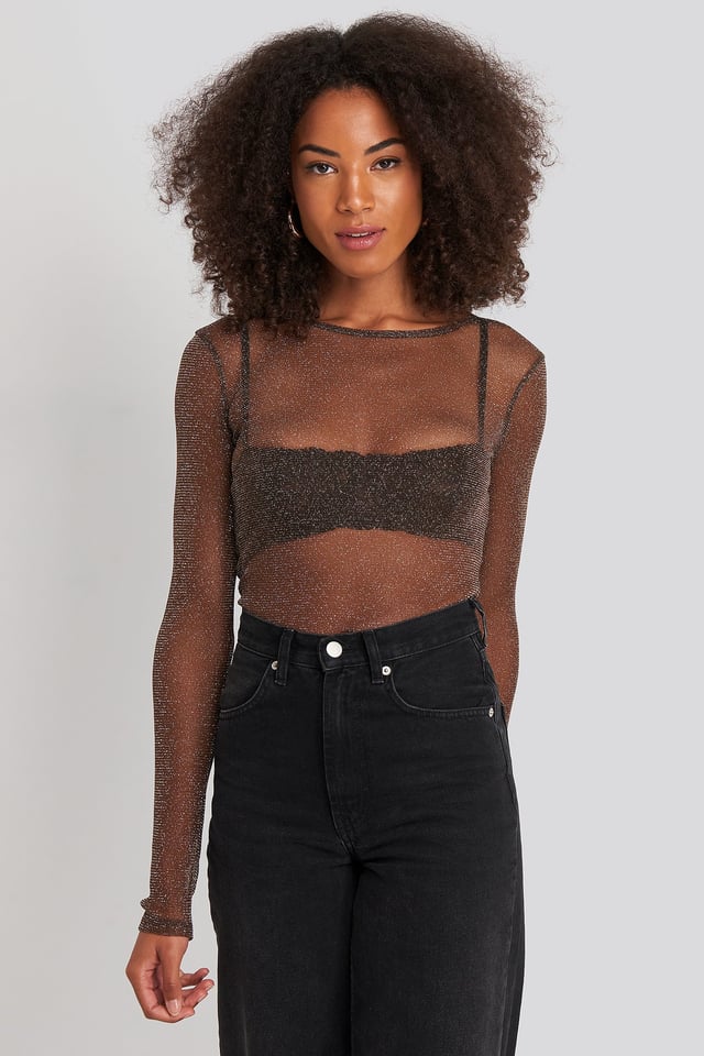 Ls Glitter Mesh Top Brown