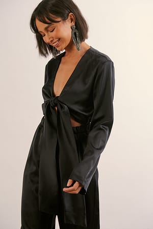 Black Recycled Tie front Satin Jumpsuit