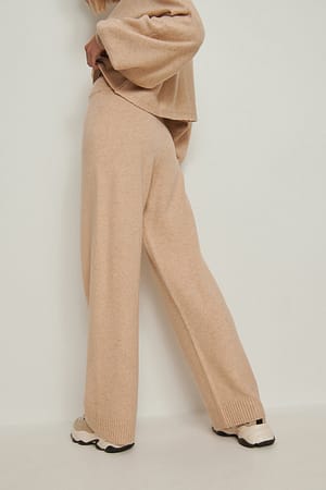 Beige Melange Melange Knitted Wide Trousers