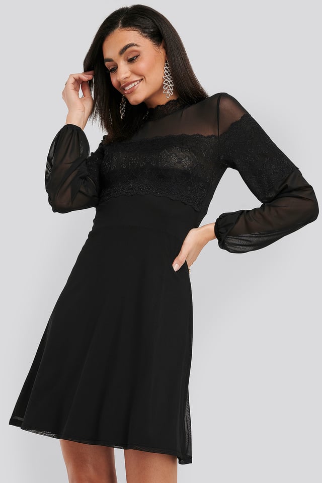 Mesh Mix Jersey Dress Black