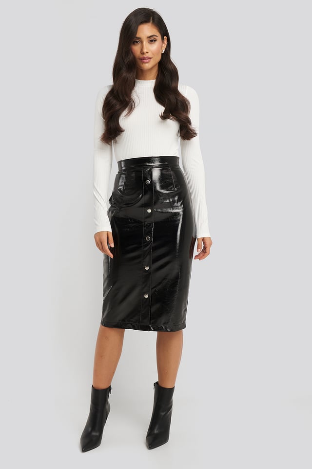 Mid Length Button Up Pu Skirt Black