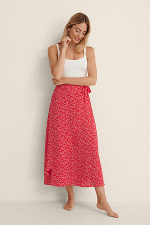 Red White Floral Recycled Midi Wrapped Skirt