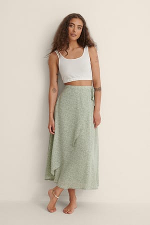 Dusty Green White Floral Recycled Midi Wrapped Skirt