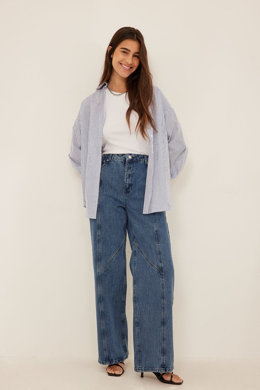 Jeans Jeans mit weitem Bein | Mittelblaue Jeans mit Kontrastdetail - WG16125