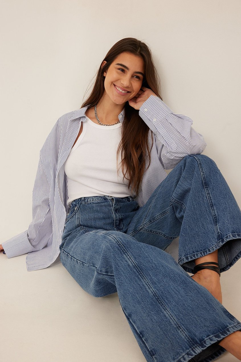 Jeans Jeans mit weitem Bein | Mittelblaue Jeans mit Kontrastdetail - WG16125
