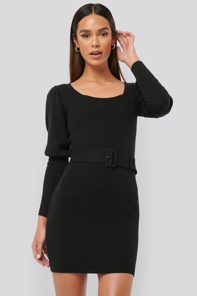 Puff Sleeve Knitted Dress Black