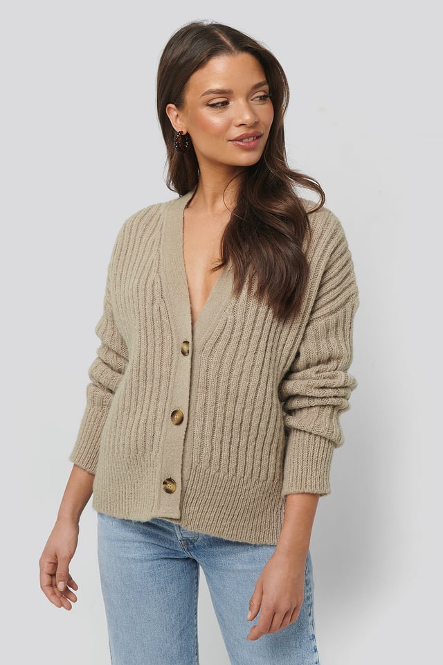 Mohair Blend Chunky Cropped Cardigan Beige