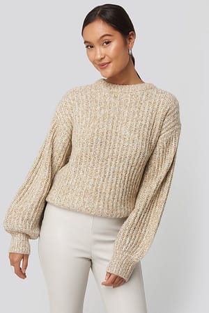 Beige Multi Color Balloon Sleeve Knitted Sweater
