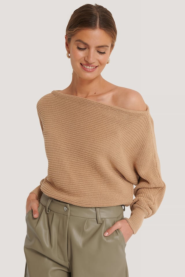 Off Shoulder Knitted Sweater Beige