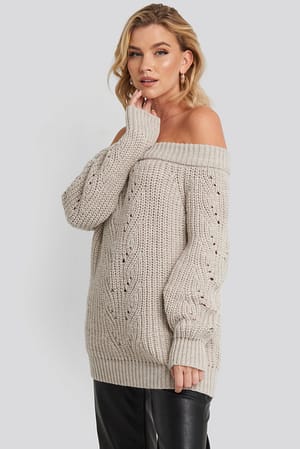 Beige Off  Shoulder Pointelle Knitted Sweater