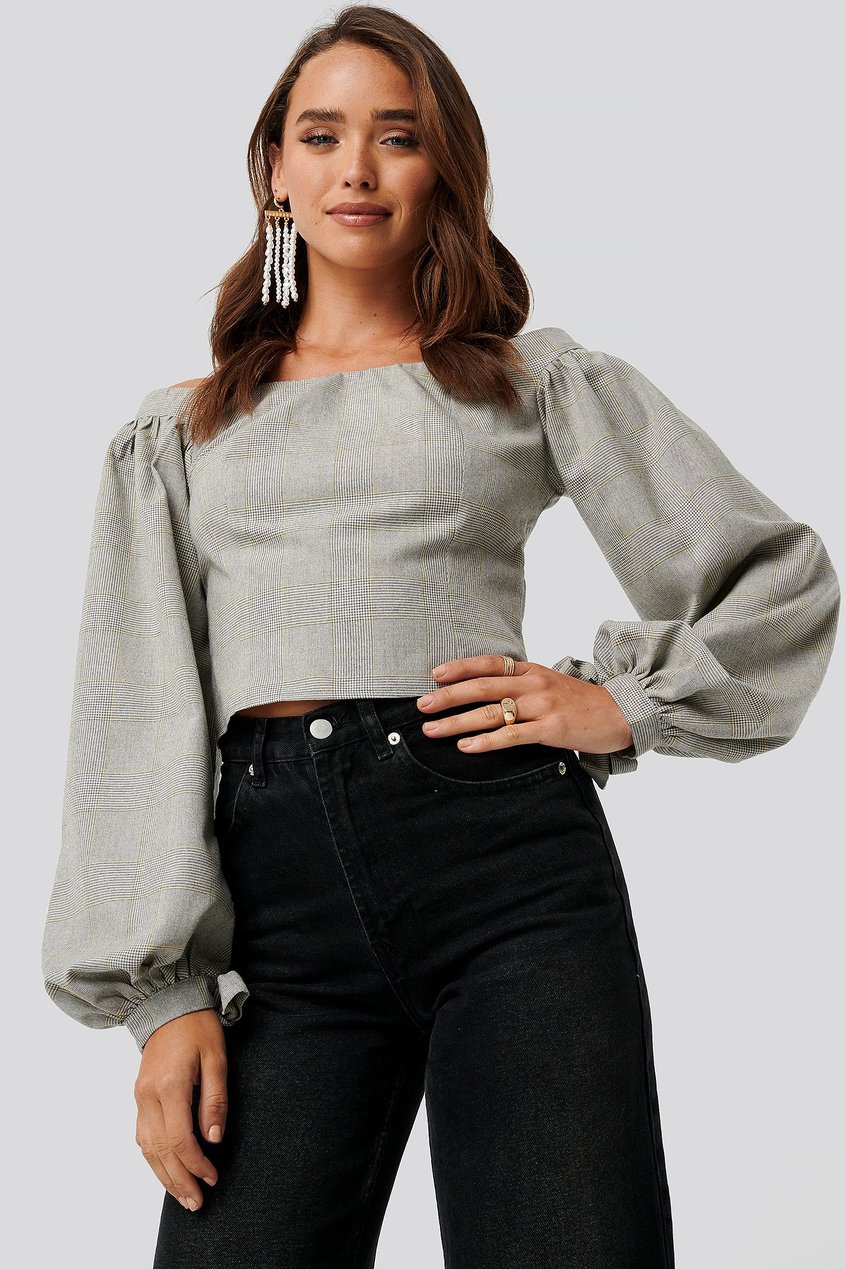 Chemises | Blouses Blouses à manches ballon | Off Shoulder Puff Sleeve Checked Top - RE58753