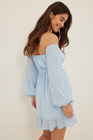 Dusty Blue Floral Print Off Shoulder Smocked Recycled Mini Dress