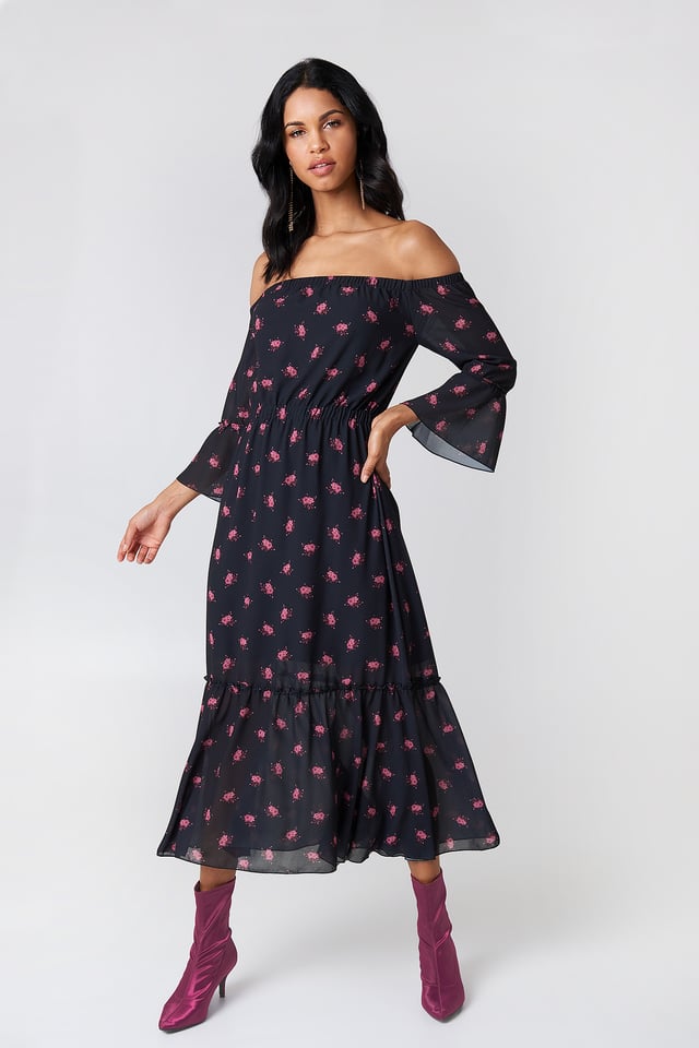 Off Shoulder Trumpet Frill Dress Black/Burgundy