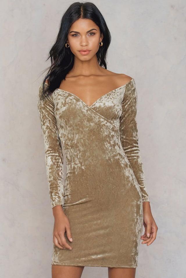 Off Shoulder Velvet Dress Beige