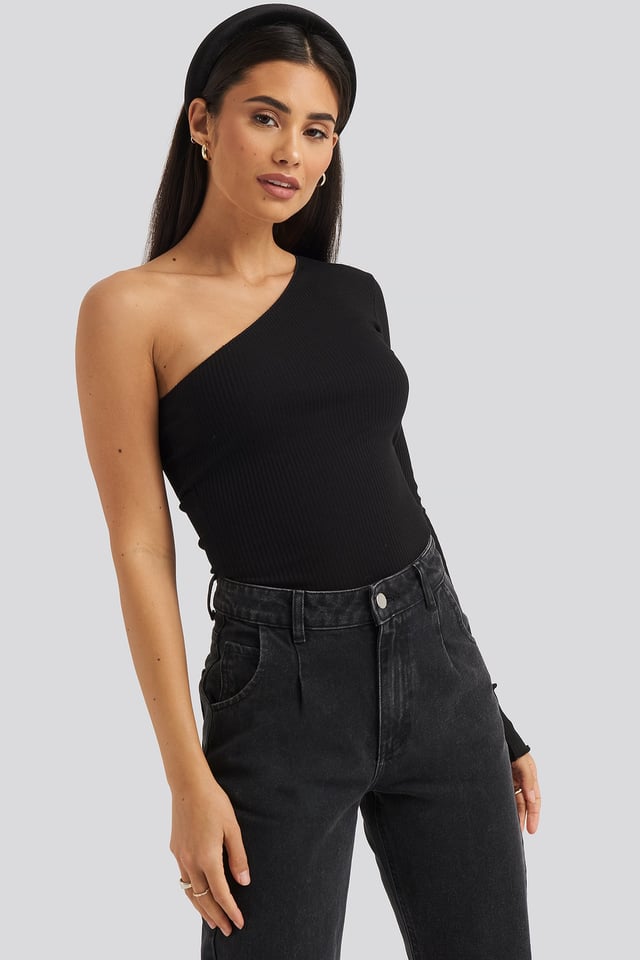 One Shoulder Babylock Ribbed Top Black