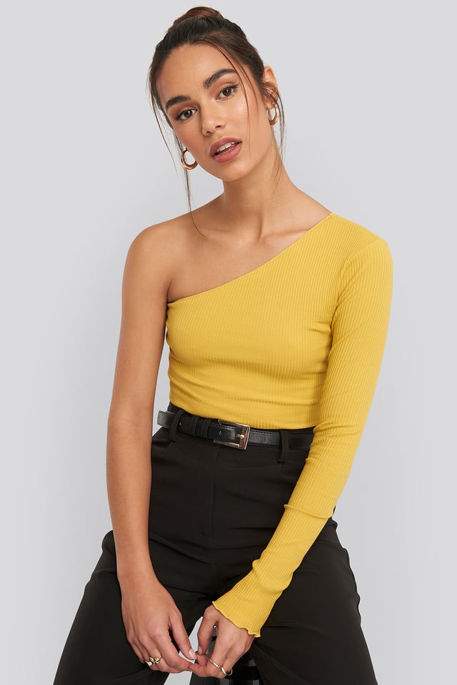 One Shoulder Babylock Ribbed Top Yellow