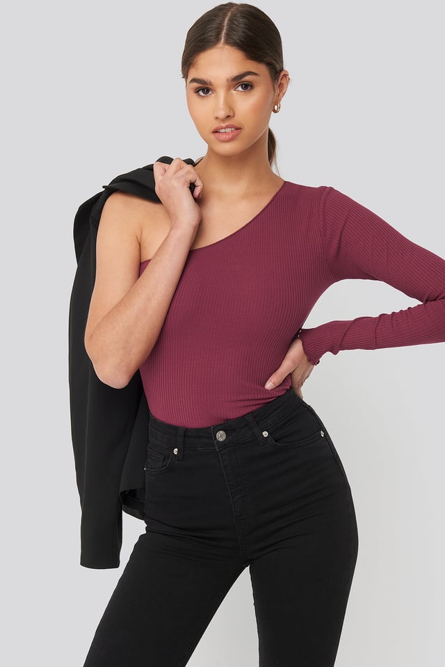 One Shoulder Babylock Ribbed Top Raspberry