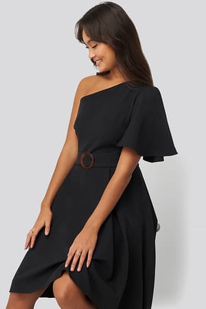 Black One Shoulder Belted Midi Dress