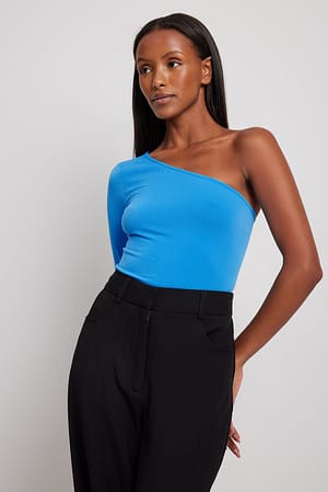 Blue One Shoulder Chain Detail Top
