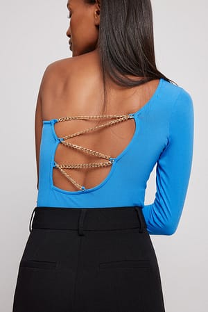 Blue One Shoulder Chain Detail Top
