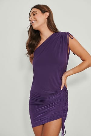 Purple One Shoulder Drawstring Mini Dress