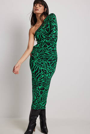 Green/Black Stickad klänning med en axel