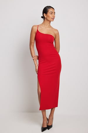 Red One Shoulder Long Slit Dress