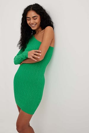 Green One Shoulder Pattern Knitted Mini Dress