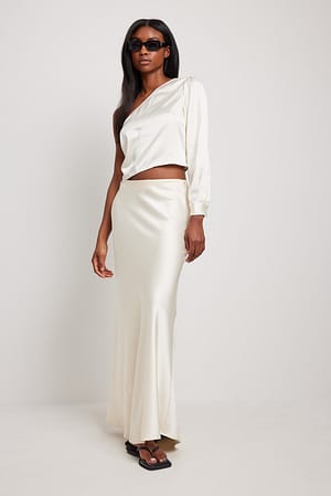 Pearl White One Shoulder Shirred Satin Top