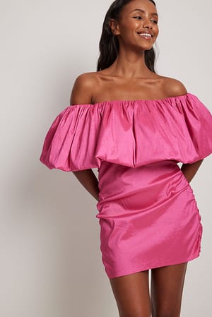 Strong Pink One Shoulder Wrinkle Mini Dress