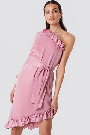 Dusty Pink NA-KD One Sleeve Asymmetric Frill Dress