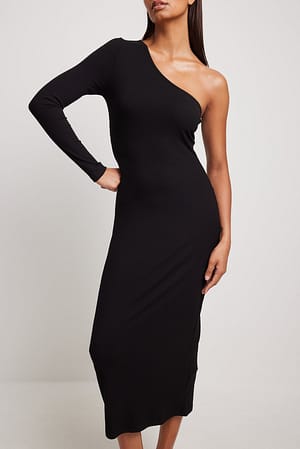 Black Prążkowana sukienka midi z jednym rękawem