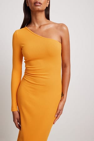 Orange One Sleeve Ribbed Midi Dress