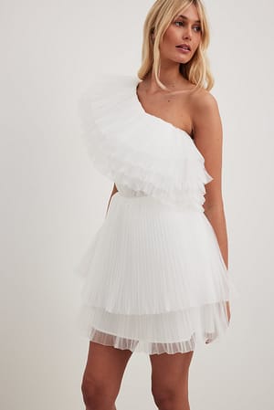 White One Sleeve Tulle Mini Dress