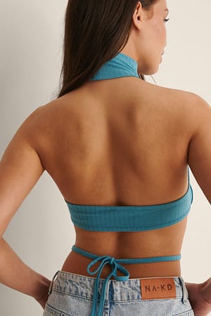 Blue Recycled Open Back High Neck Rib Top